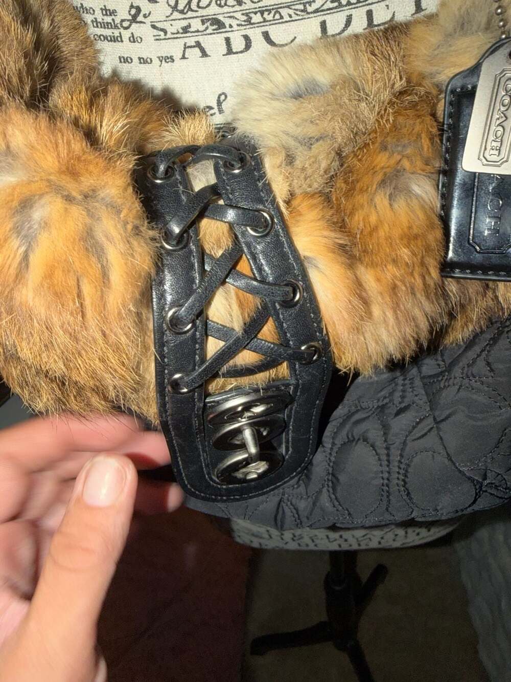 Coach Soho Black Quilted Nylon Rabbit Fur Trim Ski Hobo Shoulder Bag 9443 - Picture 4 of 5